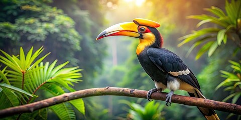 A majestic Rhinoceros Hornbill perched on a branch in the rainforest, wildlife, bird, beak, tropical, colorful, feathers, endangered