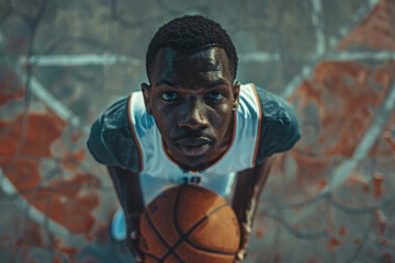Young basketball player holding ball and looking up on outdoor court