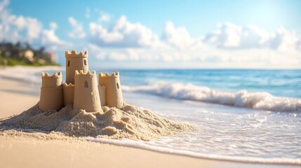 A picturesque beach day with a focus on a group building a sandcastle, with ocean waves gently rolling in the background.
