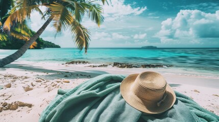 A straw hat on a green blanket under a palm tree, with turquoise waves and a clear blue sky, encapsulating the ultimate beach relaxation scene.