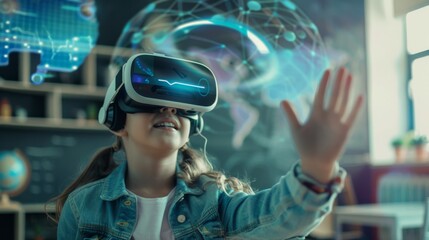 A young girl immersed in a virtual reality experience, reaching out with her hand, surrounded by digital elements and a futuristic vibe.