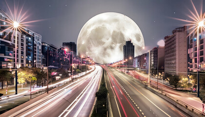 Fototapeta premium Trendy Cute seamless pattern, streams of light trail in the city at night with big moonlight.