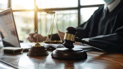 A close-up shot of a judge's desk featuring the scales of justice, a gavel, and a figure in judicial robes, bathed in sunlight, representing the solemnity of the courtroom.