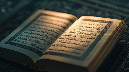 Obraz premium A serene close-up of an open Quran, with the delicate Arabic text illuminated by a soft, warm light, creating a reflective mood.
