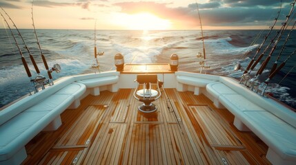 The back deck of a fishing boat cuts through ocean waves at sunset, wooden flooring glistens under the warm twilight, creating a serene and adventurous vibe.