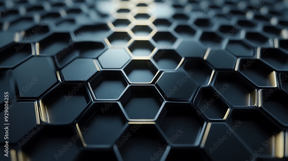 Poster abstract pattern of black hexagons with golden highlights