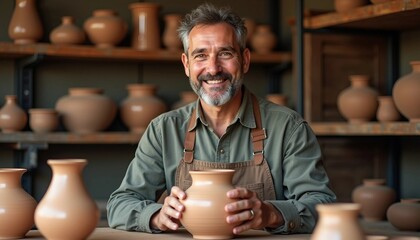A passionate potter beams with pride beside a beautiful pottery piece in his studio, with earthy tones highlighting his joyful expression.