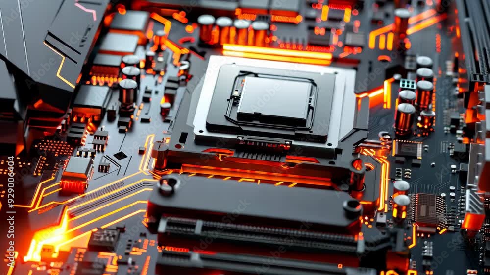 Poster close up of high speed server cpu with pulsing lights, core of modern computing