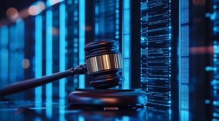 A solitary gavel rests on a beautifully polished desk that stands in front of cuttingedge AI servers, symbolizing the crucial and important link between law and technology in our modern society
