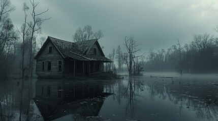 Abandoned house reflected in calm waters of a foggy swamp at dawn