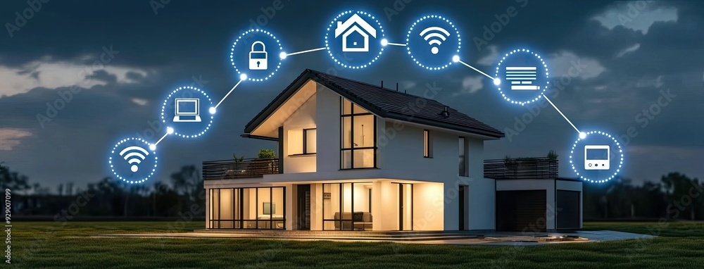 Poster a futuristic smart home illuminated at dusk, adorned with technology icons representing connected de