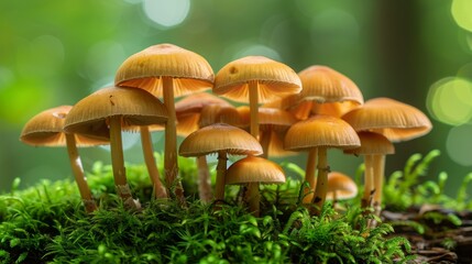 Fototapeta premium Cluster of golden mushrooms growing on moss in a forest clearing during daylight