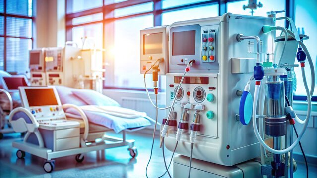 Medical equipment for kidney disease treatment, hemodialysis machine and tubes, close-up of dialyzer and monitors, with blurred hospital background, illustrating healthcare concept.