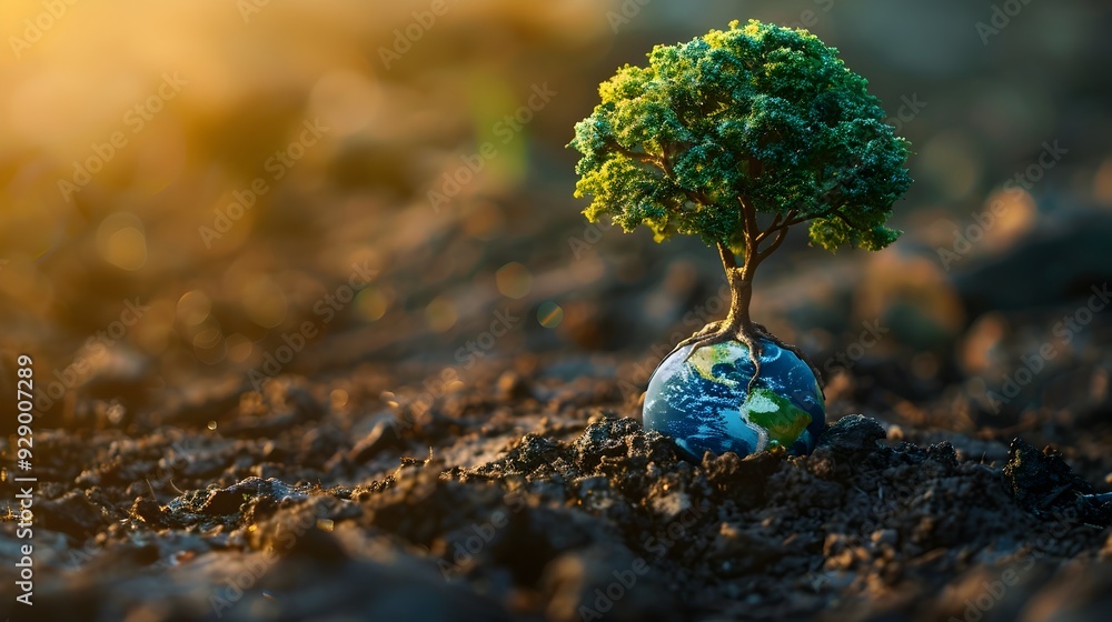 Poster ancient tree roots encircling the earth globe symbolizing deep connection to nature and planet