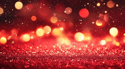 A vibrant red background with shimmering Christmas lights and glitter, evoking the magic and excitement of the holiday season