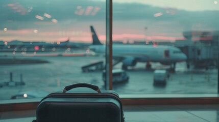 Suitcase, travel bag in airport. Airplane outside window. Travel background illustration generated by ai