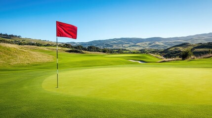 A vibrant golf flag flutters in the breeze on a pristine green, framed by rolling hills and clear blue skies on a sunny day.