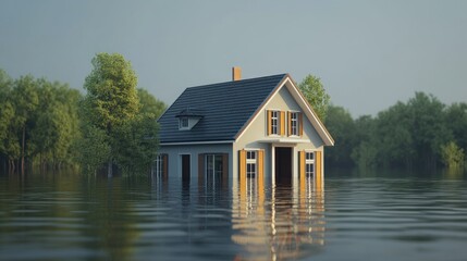 Fototapeta premium A visual representation of flood insurance, with a house surrounded by rising floodwaters, emphasizing the importance of protection.