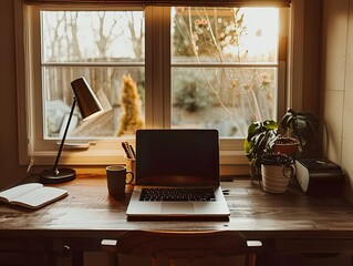 Fototapeta premium Cozy home office with a laptop and coffee at sunrise
