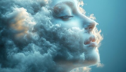Woman's face blended with clouds in a serene setting