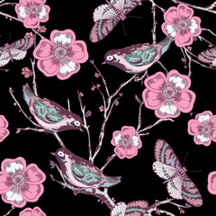 Folklore Pink Chinoiseries Style Sakura tree and Little bird with butterfly eastern asian Garden forest Blossom blooming retro ancient seamless pattern