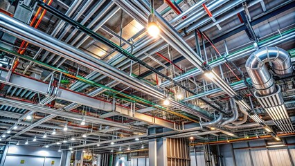 Metallic electric conduit pipes and fittings hang from a commercial building's ceiling, tangled in a complex network of wires and electrical infrastructure systems.