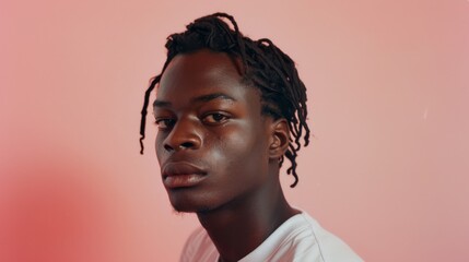 Obraz premium A young man with a focused expression, wearing a white shirt, stands against a soft pink background, exuding calm confidence.