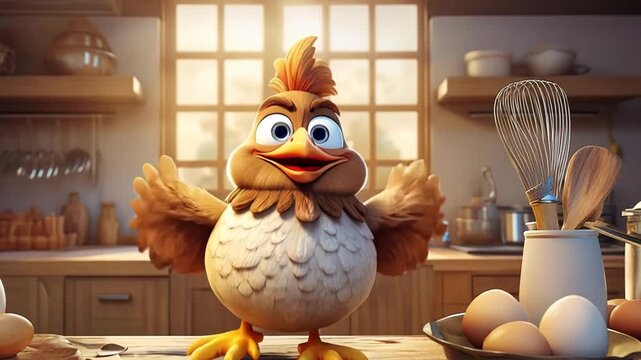 Video of a comical chicken character in a kitchen, humorously interacting with various cooking utensils and an egg. The animated scene is lighthearted, with the chicken clumsily handling kitchen