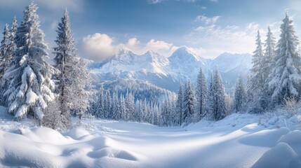 Naklejka premium Snow-covered fir trees stand tall against a backdrop of snow-capped mountains and a bright blue sky.
