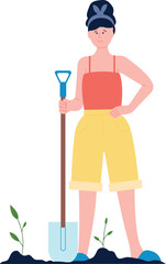 Woman planting seedlings in soil. Person hold digging shovel