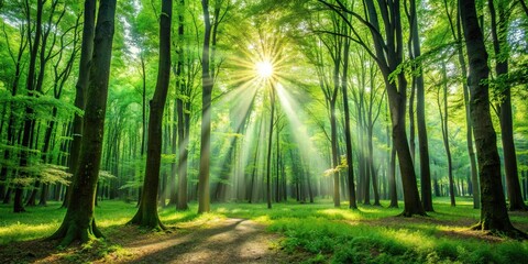 Fototapeta premium A serene forest with lush green trees and sunlight filtering through the leaves , nature, trees, forest, sunlight, peaceful