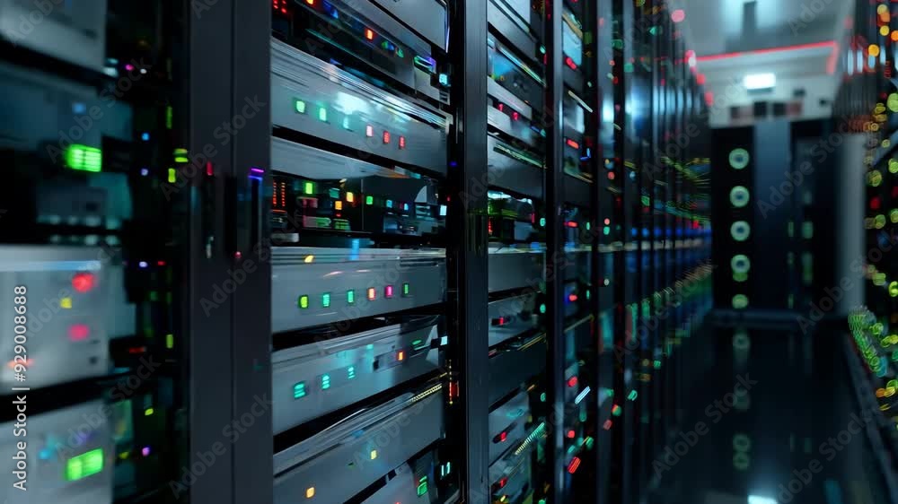 Poster close up of high speed server cpu with pulsing lights, core of modern computing