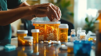 A person sorts and organizes prescription bottles and medications at home