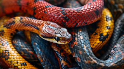 Fototapeta premium Colorful snakes intertwined in a natural habitat during bright daylight