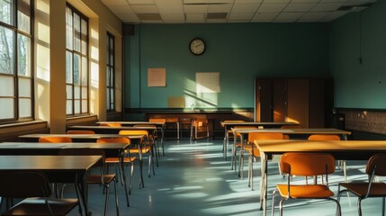 An empty classroom with desks and chairs neatly in place, capturing the stillness of a high school during lunch break.