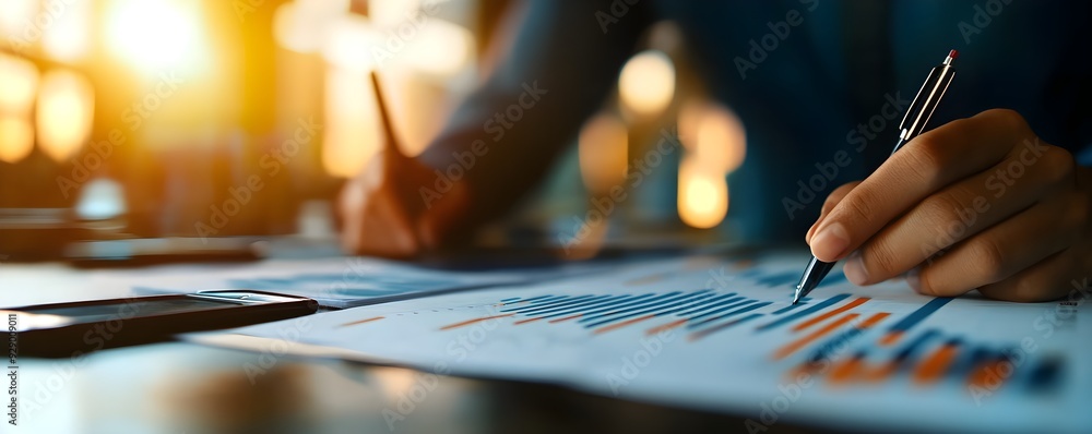 Poster a professional analyzing financial data with graphs and charts in a modern office setting illuminate