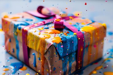 a gift wrapped in paper with colorful paint on it. 