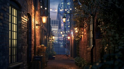 Fototapeta premium A narrow, brick alleyway with string lights and lanterns in the evening, lit by the glow of a window and the distant city skyline.
