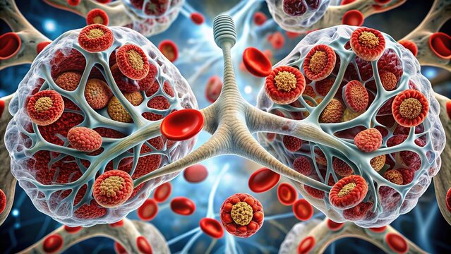 Microscopic illustration of inflamed lung tissue showing swollen alveoli and bronchioles, red blood cells, and white blood cells, highlighting respiratory distress and disease.
