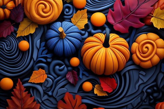 An illustration of pumpkins and gourds being carved with intricate patterns