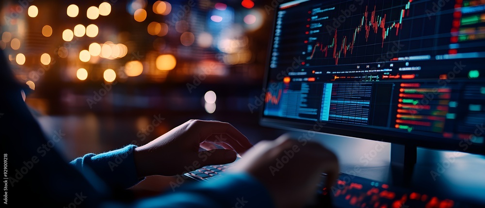 Poster close-up of a person analyzing trading data on a modern computer screen with vibrant charts and fina