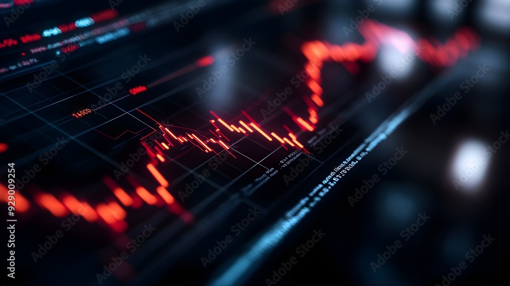 Poster close-up of a digital financial chart showing a downward trend with red lines on a dark background.