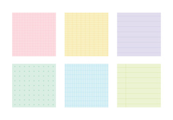 A set of stationery design template illustrations including square pastel-toned memos, notepads, notebooks, and stickers. Note formats include lined, dotted, blank, and grid patterns.