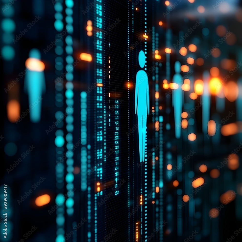 Poster futuristic digital representation of human figures amidst illuminated data streams, symbolizing tech