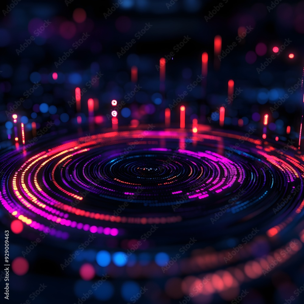 Poster vibrant abstract digital art featuring glowing circles and particles in vivid colors, creating a mes