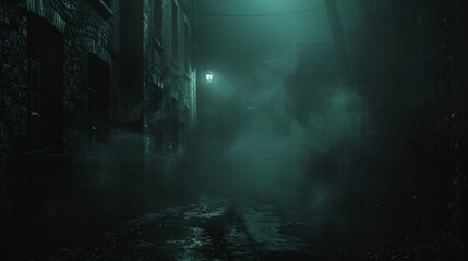 Foggy alley with dim streetlight illuminated at night in an urban setting