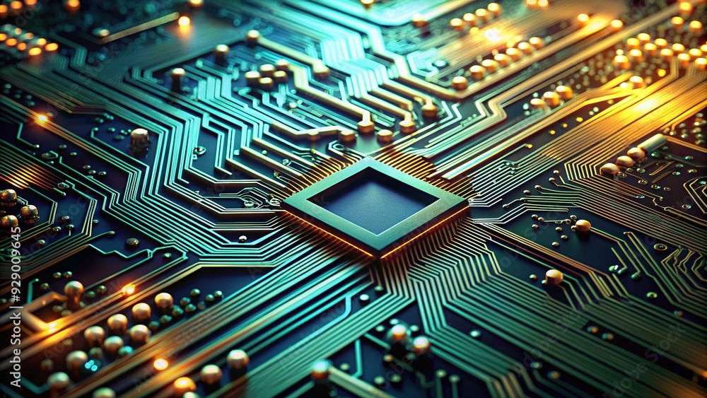Poster microscopic view of a shiny new electronic circuit board with intricate paths and tiny chips, highli