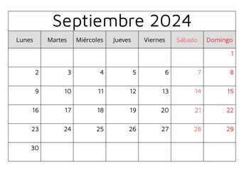 SPANISH september 2024 calendar. Septiembre. Vector illustration. Monthly planning for your business in Spain
