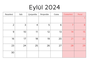 TURKISH september 2024 calendar. Vector illustration. Pge of monthly planning for your business in Turkey