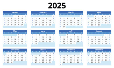 2025 year english vector calendar: Modern, clean design with 12 months. In blue colors